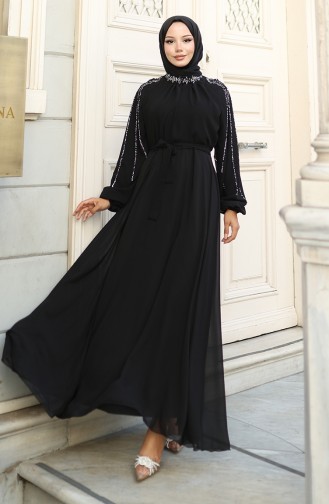 Kolu Taşlı Şifon Abiye Elbise 5804-01 Siyah
