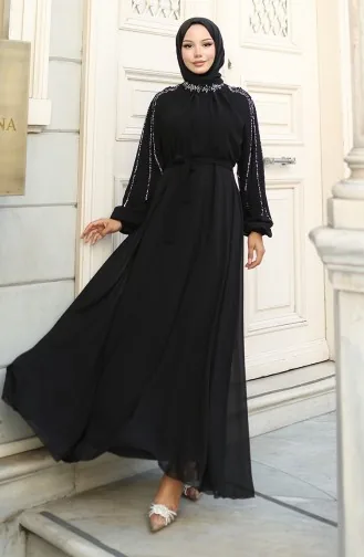 Chiffon Avondjurk Met Stenen Mouwen 5804-01 Zwart 5804-01