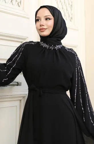 Chiffon Avondjurk Met Stenen Mouwen 5804-01 Zwart 5804-01