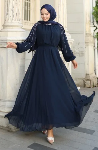Chiffon Evening Dress With Stoned Sleeves 5804-02 Navy Blue 5804-02