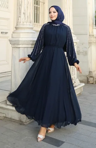 Chiffon Evening Dress With Stoned Sleeves 5804-02 Navy Blue 5804-02