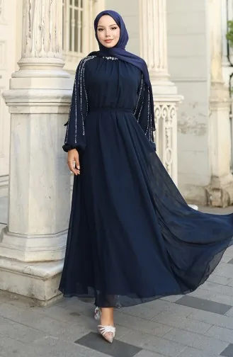 Chiffon Evening Dress With Stoned Sleeves 5804-02 Navy Blue 5804-02
