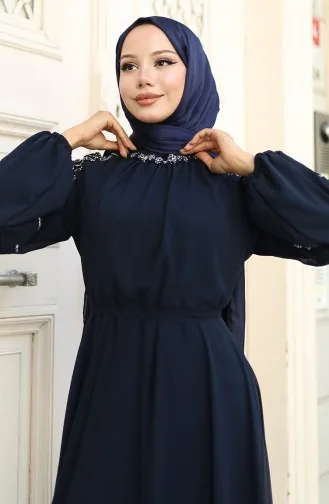 Chiffon Evening Dress With Stoned Sleeves 5804-02 Navy Blue 5804-02