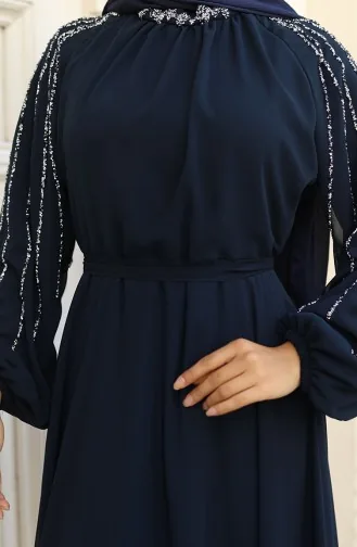 Chiffon Evening Dress With Stoned Sleeves 5804-02 Navy Blue 5804-02