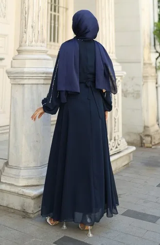 Chiffon Evening Dress With Stoned Sleeves 5804-02 Navy Blue 5804-02