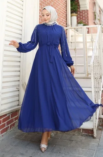 Kolu Taşlı Şifon Abiye Elbise 5804-03 Saks