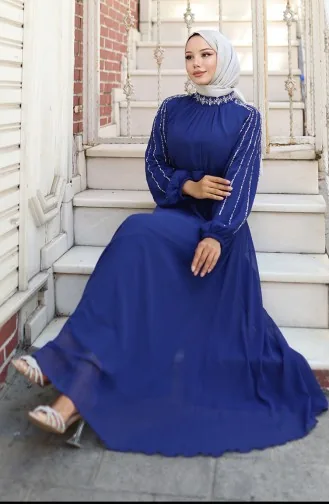 Kolu Taşlı Şifon Abiye Elbise 5804-03 Saks