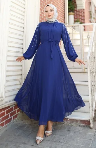 Kolu Taşlı Şifon Abiye Elbise 5804-03 Saks