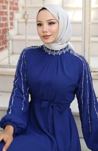 Kolu Taşlı Şifon Abiye Elbise 5804-03 Saks