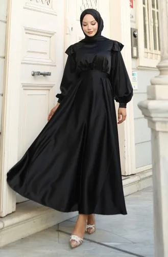 فستان سهرة ساتان بأكتاف مكشكشة 5805-03 أسود 5805-03