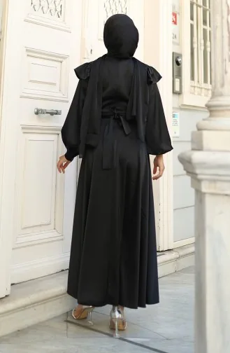 فستان سهرة ساتان بأكتاف مكشكشة 5805-03 أسود 5805-03