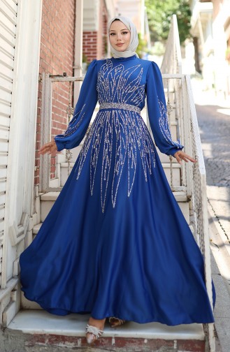 Taşlı Saten Abiye Elbise 5806-01 Saks