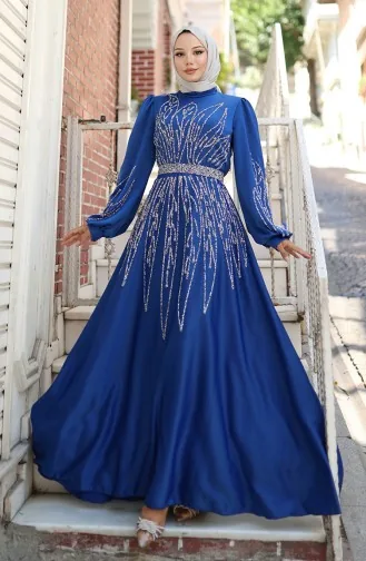 فستان سهرة من الساتان المرصع بالأحجار 5806-01 ساكس 5806-01