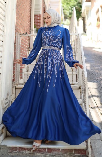 Taşlı Saten Abiye Elbise 5806-01 Saks