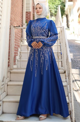 Taşlı Saten Abiye Elbise 5806-01 Saks