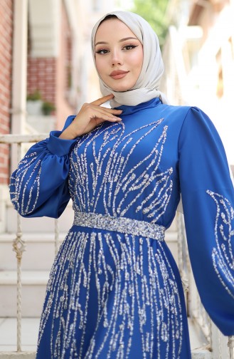 Taşlı Saten Abiye Elbise 5806-01 Saks