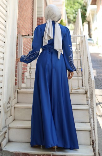 Taşlı Saten Abiye Elbise 5806-01 Saks