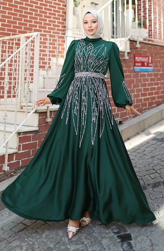 Emerald Green Hijab Evening Dress 5806-02