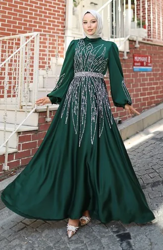 Stoned Satijnen Avondjurk 5806-02 Smaragdgroen 5806-02