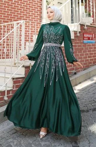 Stoned Satijnen Avondjurk 5806-02 Smaragdgroen 5806-02