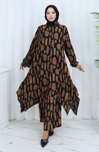 Viskon Kumaş Tunik Pantolon İkili Takım 2138-02 Siyah Taba