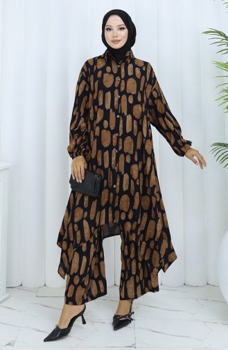 Viskon Kumaş Tunik Pantolon İkili Takım 2138-02 Siyah Taba