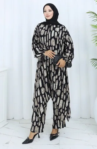 Viscose Stof Tuniek Broek Tweedelig Pak 2138-04 Zwart Beige 2138-04