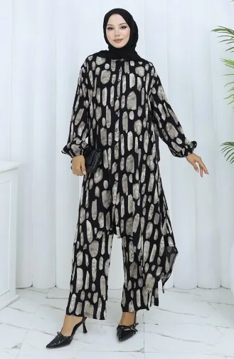 Viscose Stof Tuniek Broek Tweedelig Pak 2138-04 Zwart Beige 2138-04