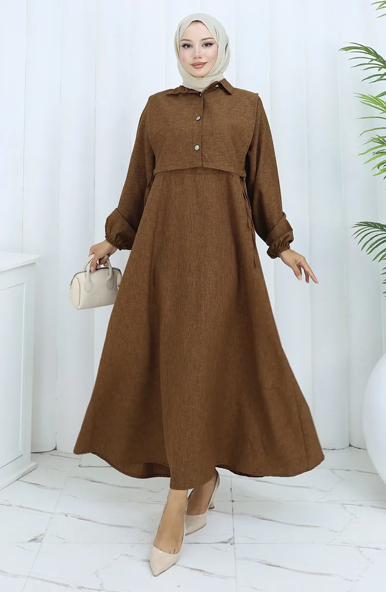 Leinen Weste Kleid Zweiteiler 2141-03 Braun 2141-03