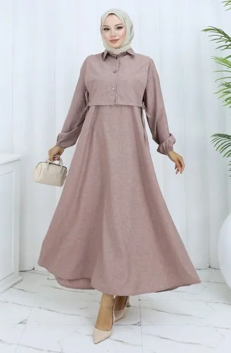 Keten Yelek Elbise İkili Takım 2141-11 Sütlü Kahve 2141-11