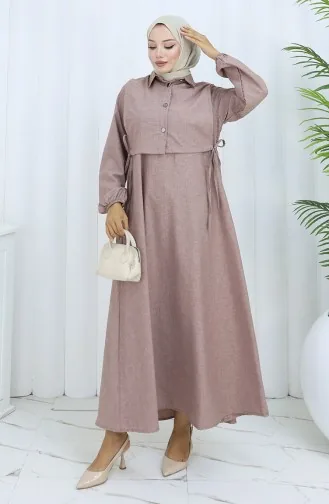 Keten Yelek Elbise İkili Takım 2141-11 Sütlü Kahve 2141-11
