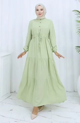 Viskose Stoff Halb Geknöpftes Kleid 0085-14 Çağla Grün 0085-14
