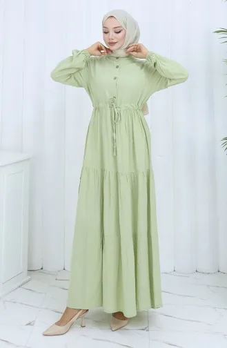 Viskose Stoff Halb Geknöpftes Kleid 0085-14 Çağla Grün 0085-14