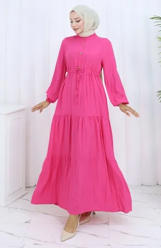 Viskon Kumaş Yarım Düğmeli Elbise 0085-15 Fuşya