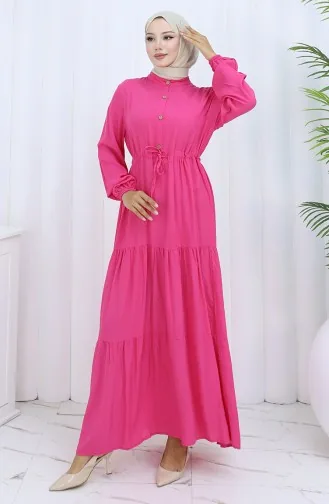 Viskon Kumaş Yarım Düğmeli Elbise 0085-15 Fuşya