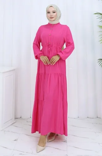Viskon Kumaş Yarım Düğmeli Elbise 0085-15 Fuşya