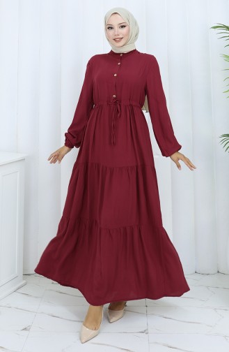 Viskon Kumaş Yarım Düğmeli Elbise 0085-16 Bordo