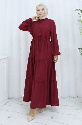 Viskon Kumaş Yarım Düğmeli Elbise 0085-16 Bordo