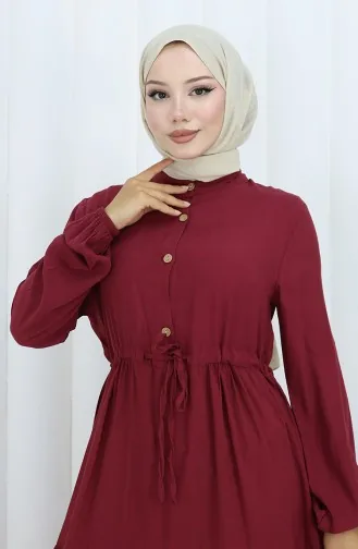 فستان من قماش الفيسكوز بأزرار نصفية 0085-16 أحمر كلاريت 0085-16