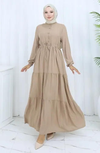 Viskon Kumaş Yarım Düğmeli Elbise 0085-17 Açık Vizon