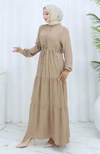 Viskon Kumaş Yarım Düğmeli Elbise 0085-17 Açık Vizon