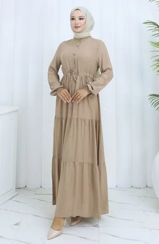 Viskon Kumaş Yarım Düğmeli Elbise 0085-17 Açık Vizon