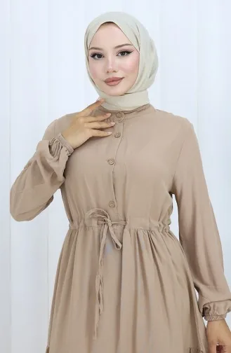 Viskon Kumaş Yarım Düğmeli Elbise 0085-17 Açık Vizon