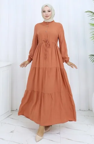 Viskon Kumaş Yarım Düğmeli Elbise 0085-18 Soğan Kabuğu