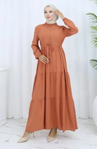 Viskon Kumaş Yarım Düğmeli Elbise 0085-18 Soğan Kabuğu