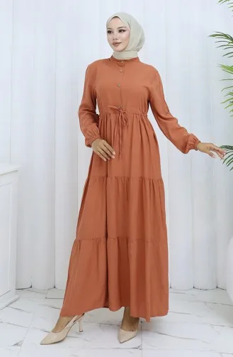 Viskon Kumaş Yarım Düğmeli Elbise 0085-18 Soğan Kabuğu
