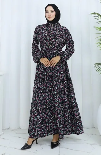 Half Buttoned Waist Tied Dress 0139-01 Black 0139-01