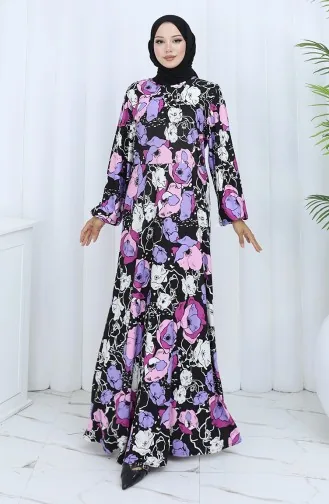 Gestreepte Gekamde Katoenen Jurk 2135B-01 Zwart/paars 2135B-01