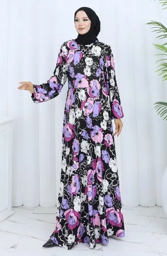 Gestreepte Gekamde Katoenen Jurk 2135B-01 Zwart/paars 2135B-01