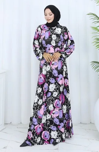 Gestreepte Gekamde Katoenen Jurk 2135B-01 Zwart/paars 2135B-01